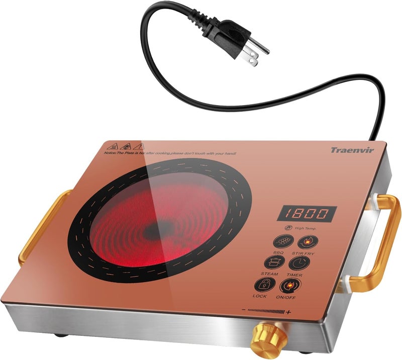 Traenvir Single Burner Electric Cooktop, Protable Electric Stove with Handle, 1800W One Burner Ceramic Stove top for Dorm, Home, RV, Child Lock, Timer, Steam, BBQ, Stir Fry,110V - 120V Plug in, Orange - Image 1